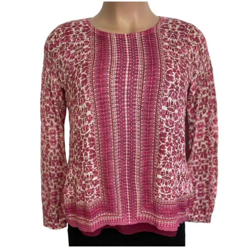 LUCKY BRAND Split Back Floral Boho Top Women's Large Pink Burgundy Hi-Lo Stretch